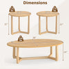 Nesting coffee table set of 3 with natural wood veneer tops and solid rubberwood legs, showcasing dimensions for living.