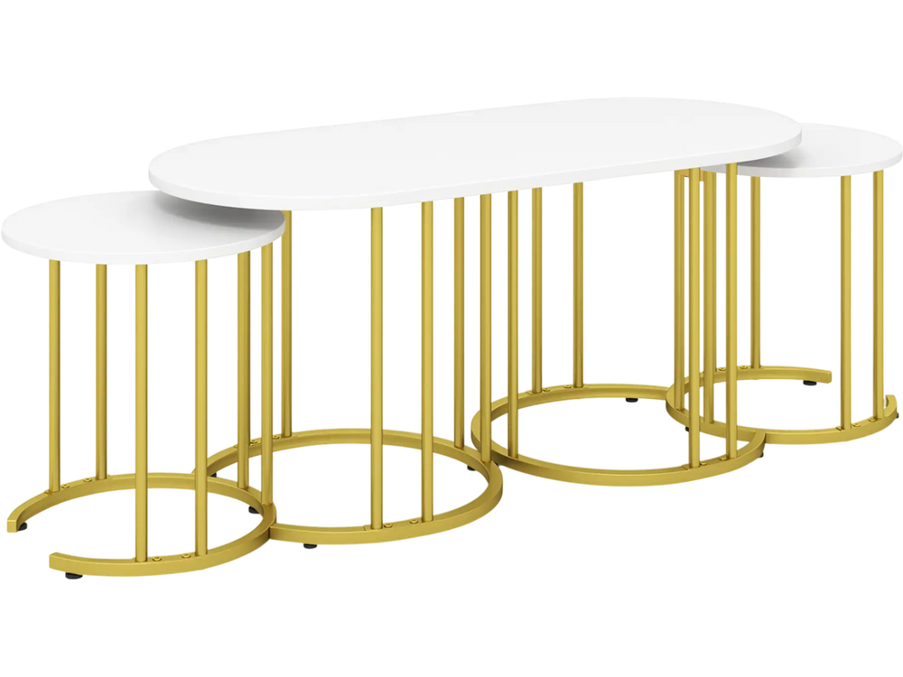 Nesting coffee table set of 3 with faux marble top and powder-coated gold metal frame for versatile living room use.