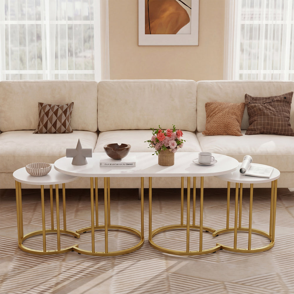 Nesting Coffee Table Set of 3 with Faux Marble Tabletop and Powder-coated Gold Metal Frame-White - Gallery View 1 of 10
