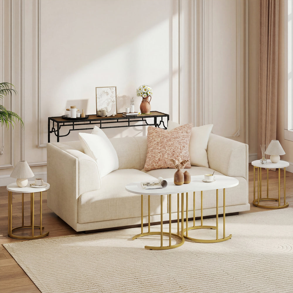 Nesting coffee table set of 3 with faux marble tabletop and gold metal frame, ideal for living room or office use.