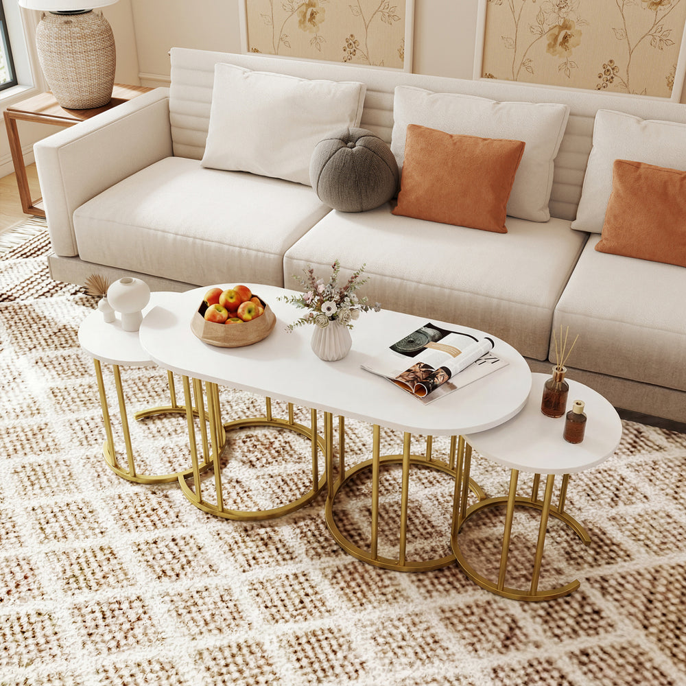 Nesting coffee table set of 3 with faux marble top and gold metal frame, perfect for living room or office use.