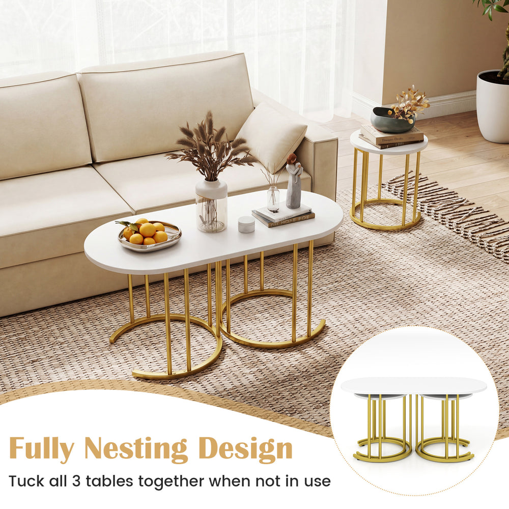 Nesting coffee table set of 3 with faux marble tops and gold metal frame, perfect for living room or office use.