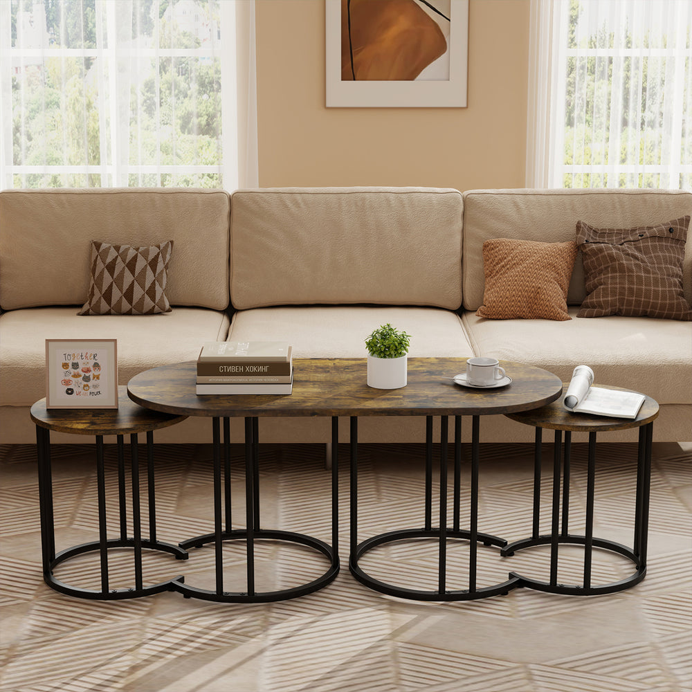 Nesting Coffee Table Set of 3 with Faux Marble Tabletop and Powder-coated Gold Metal Frame-Rustic Brown - Gallery View 1 of 10