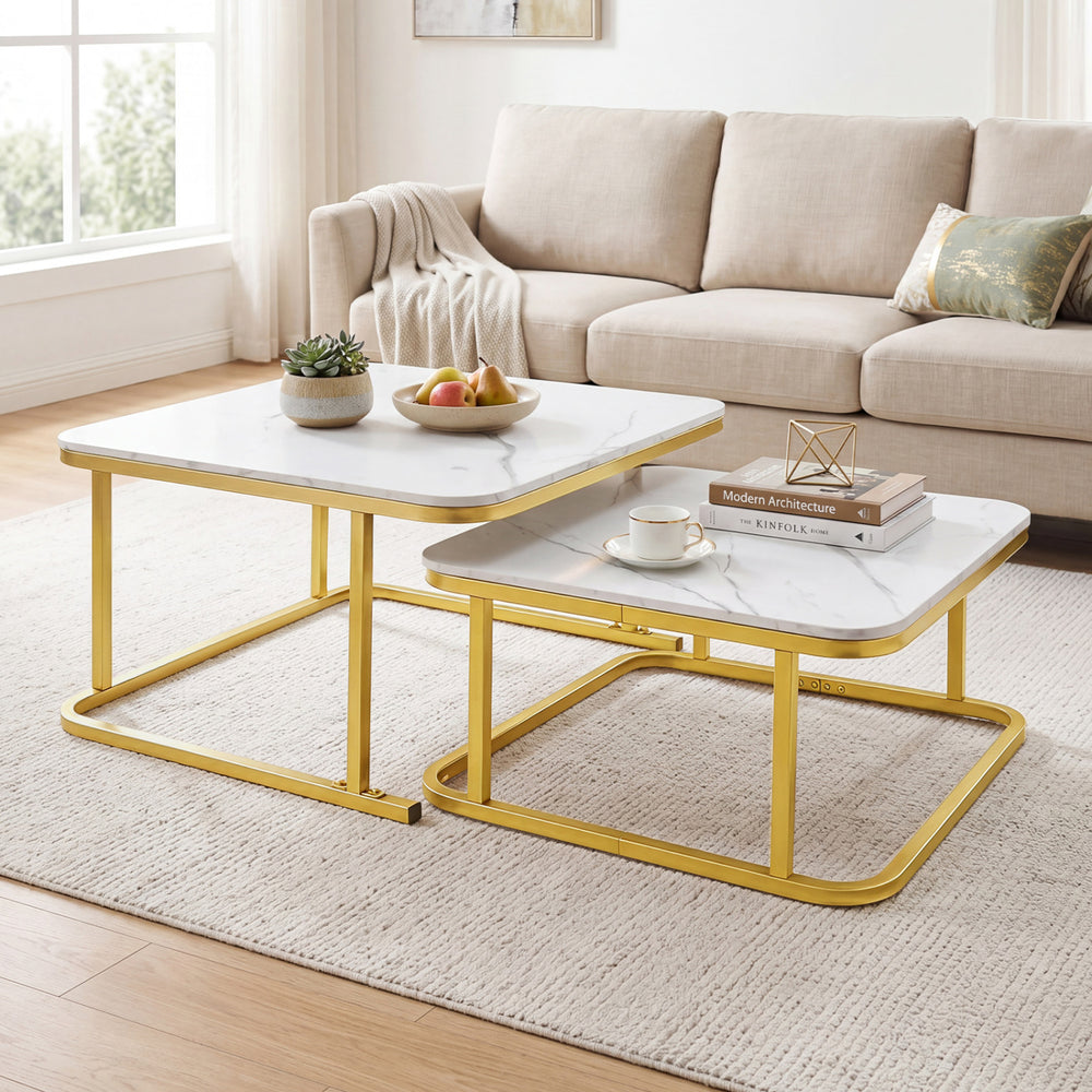 Nesting Coffee Table Set of 2 with Faux Marble Top and Metal Frame-White - Gallery View 1 of 11