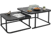 Nesting coffee table set of 2 with black faux marble top and metal frame, designed for versatile stacking and individual use.