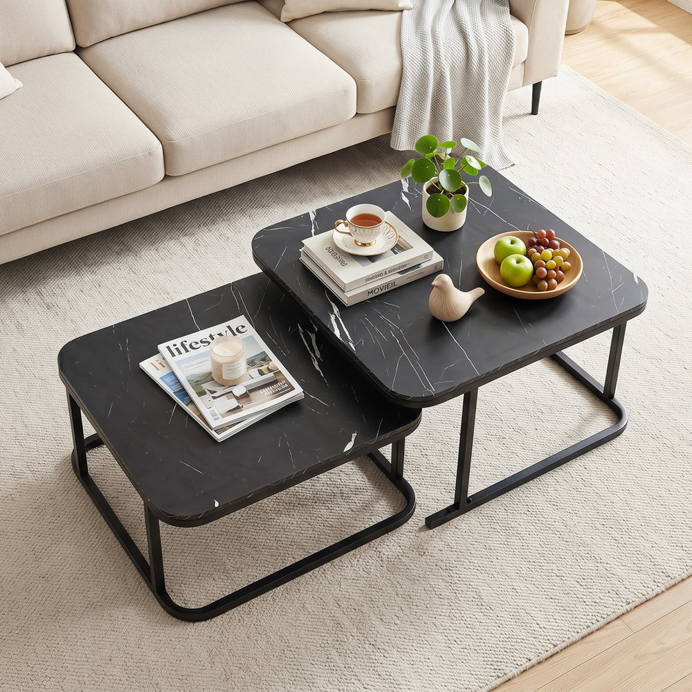 Nesting Coffee Table Set of 2 with Faux Marble Top and Metal Frame-Black - Gallery View 1 of 11