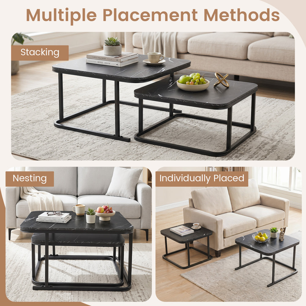 Nesting coffee table set of 2 features a faux marble top and metal frame, ideal for versatile placement in any room.
