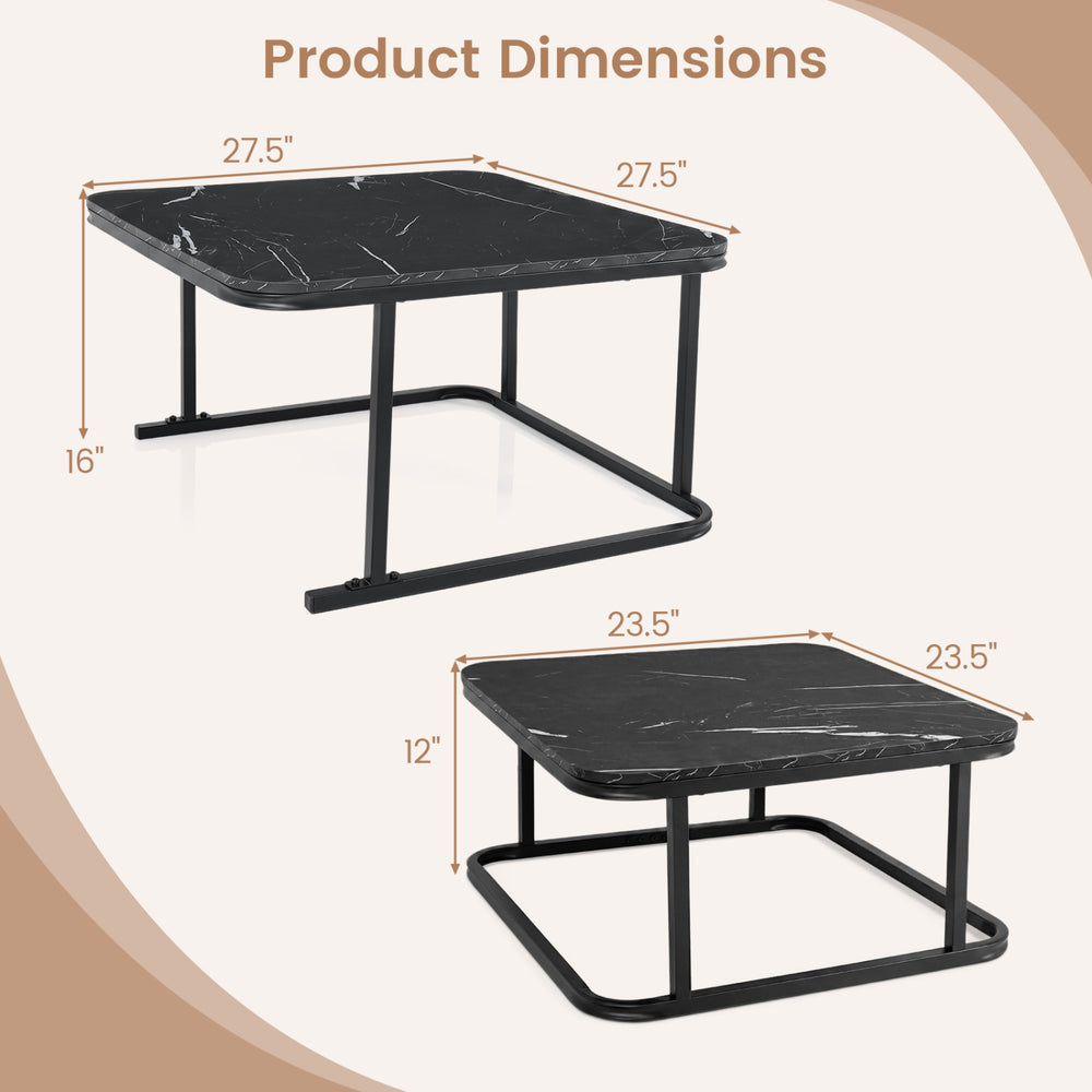 Nesting coffee table set of 2 with faux marble top and metal frame, featuring dimensions of 27.5" and 23.5" for versatile use.