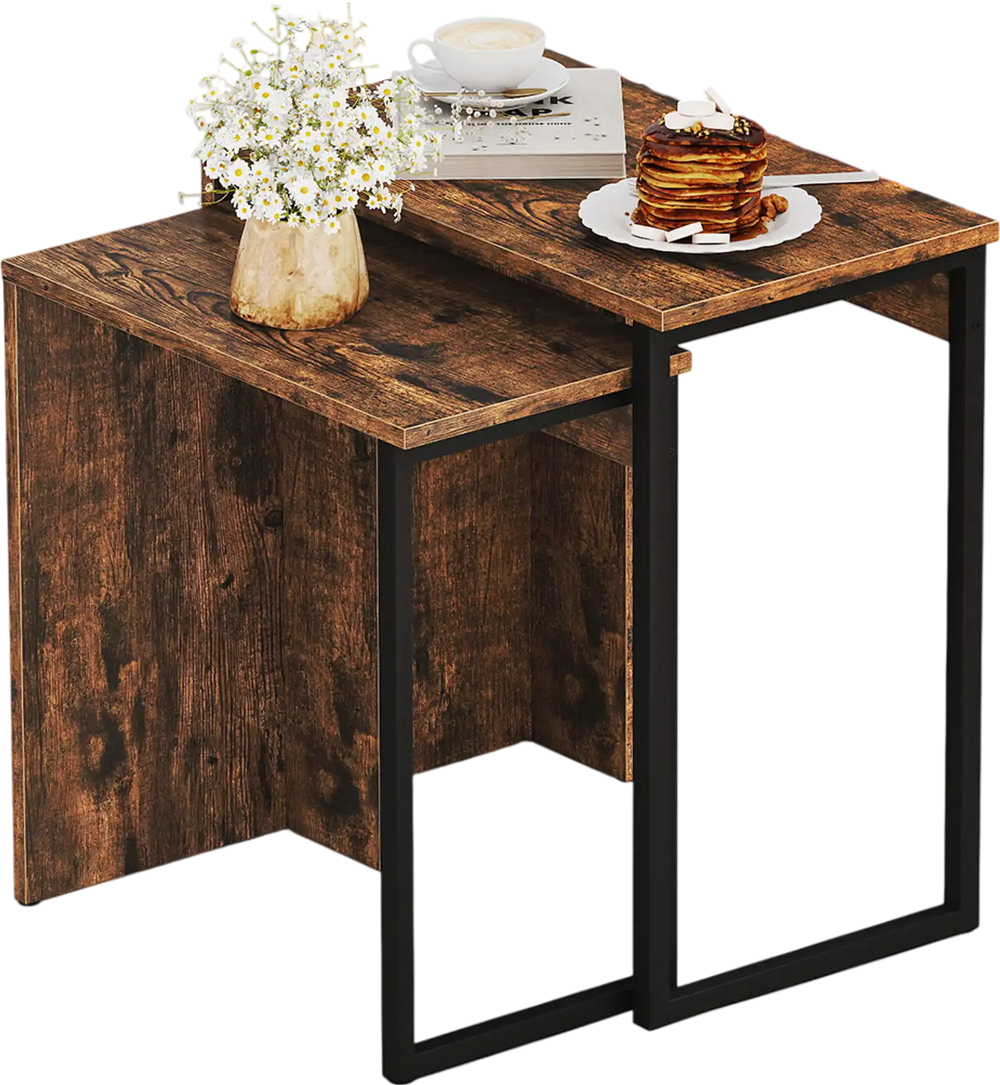 Nesting coffee table set in rustic brown with solid metal frame, perfect for living room or bedroom use.