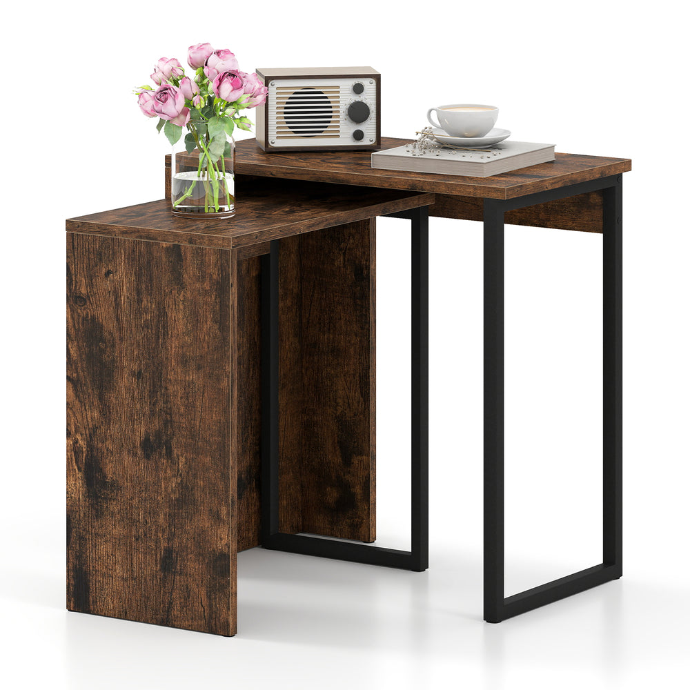 Rustic brown 2-in-1 nesting coffee table set with metal frame, ideal for living room or bedroom use.