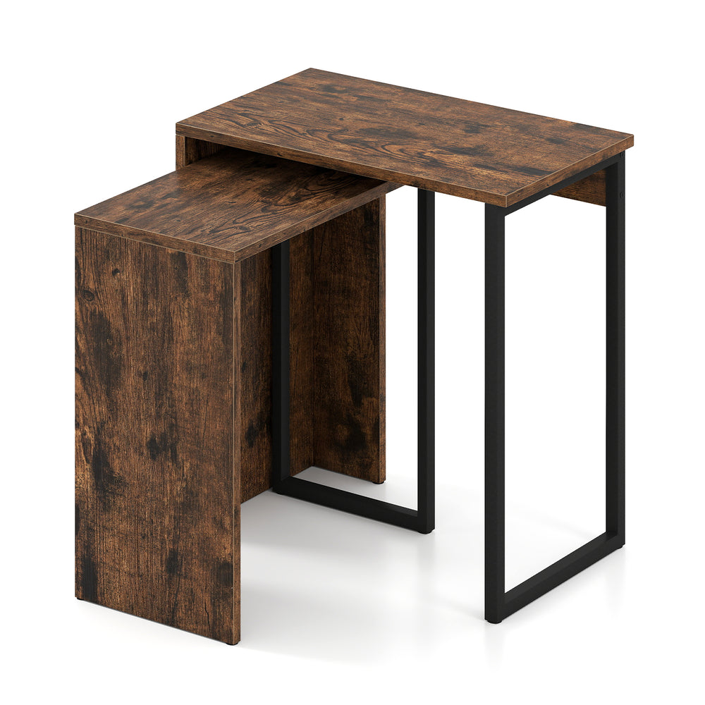 Nesting coffee table set in rustic brown with a solid metal frame, ideal for small living spaces and versatile use.