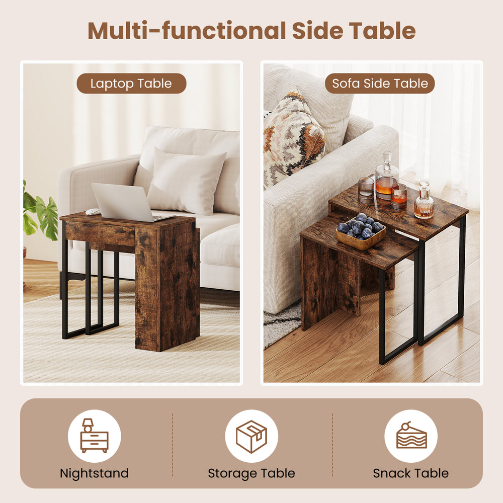 Nesting coffee table set in rustic brown, featuring a faux wood grain top and metal frame, ideal for living room use.