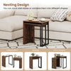 Nesting coffee table set in rustic brown with metal frame, ideal for living room or bedroom, offering versatile use.