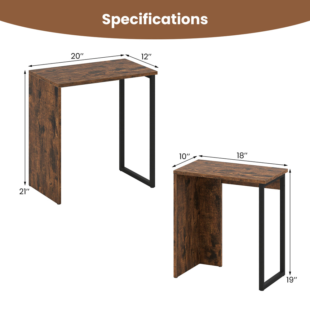 Nesting coffee table set with rustic brown faux wood grain, solid metal frame, and dimensions for versatile living room.