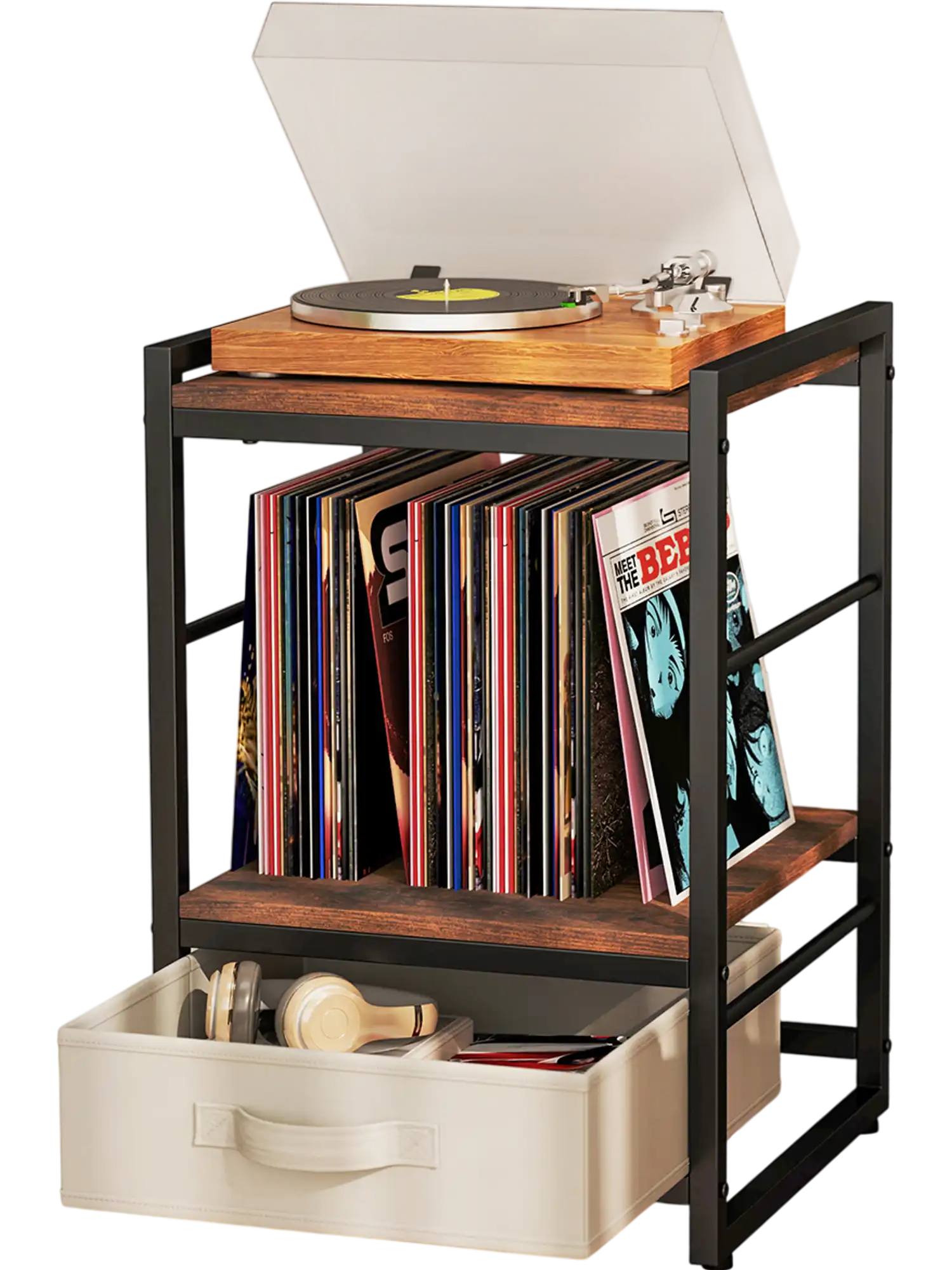 Costway Industrial Nightstand Bedside Table w/ Open Shelf Fabric Drawer Rustic Brown 384629751 New