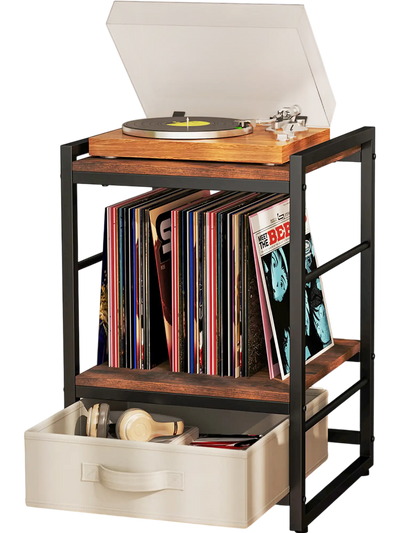 Costway Industrial Nightstand Bedside Table w/ Open Shelf Fabric Drawer Rustic Brown 384629751 New