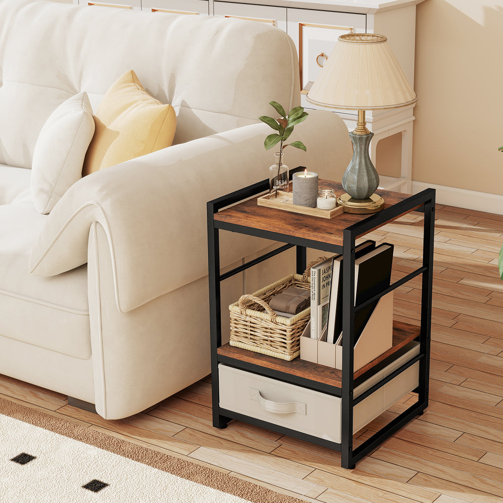 Industrial bedside table featuring a rustic brown top, open shelf, and reinforced fabric drawer, perfect for any room.