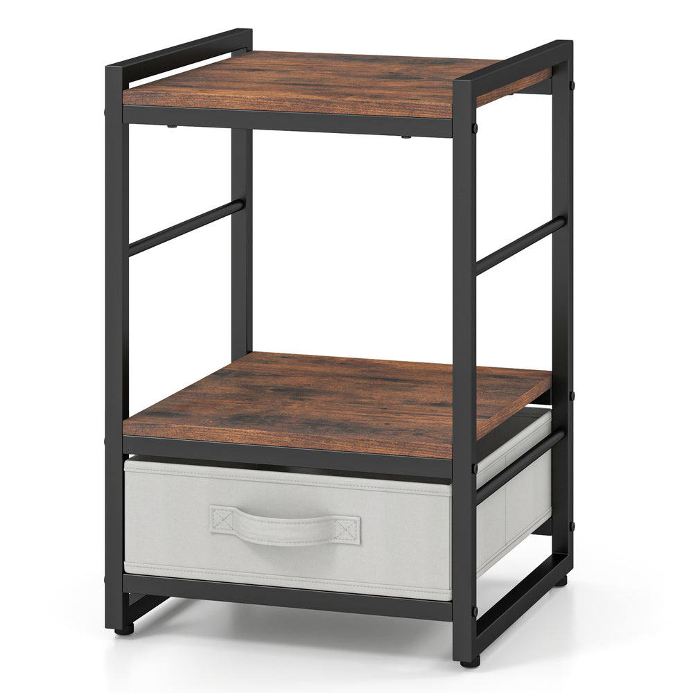 Nightstand with rustic brown wood top, open shelf, and removable fabric drawer for versatile storage in any room.