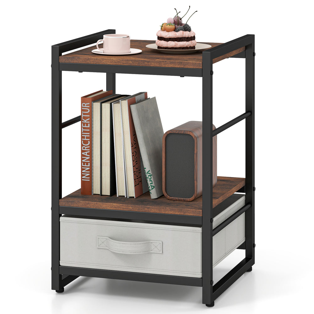 Rustic brown nightstand with open storage shelf, fabric drawer, and heavy-duty metal frame for versatile use in any.
