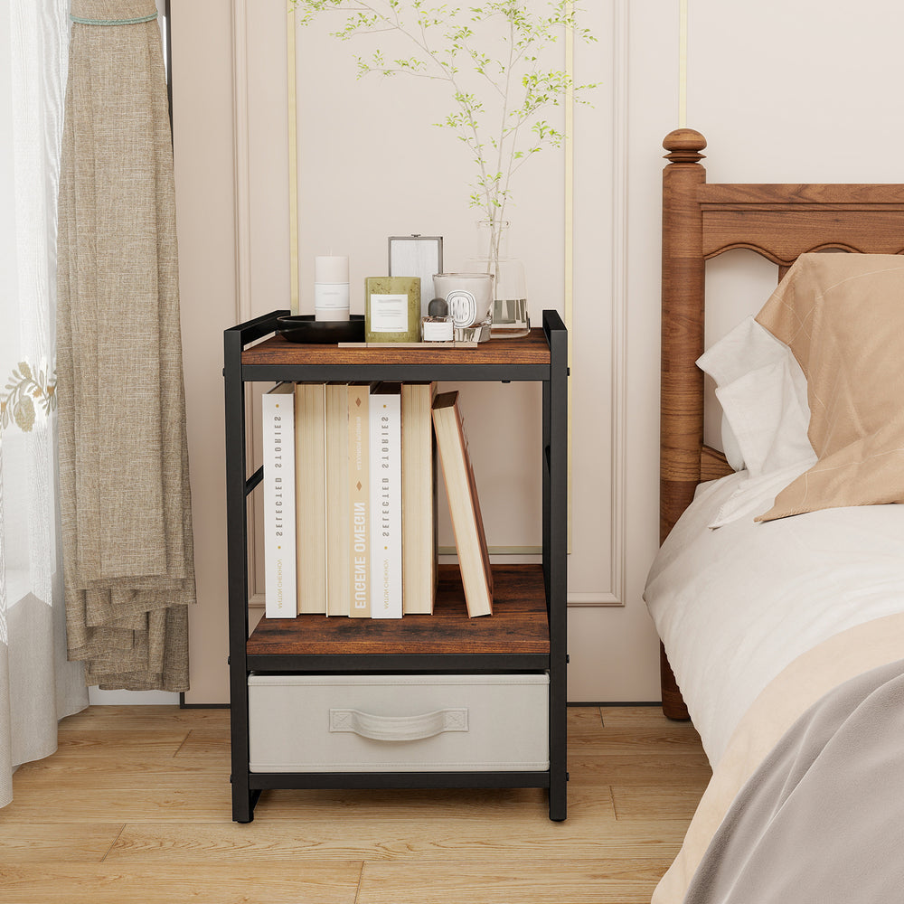 Nightstand with rustic brown wood surface, open storage shelf, and fabric drawer for versatile bedroom use.