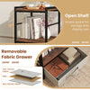 Nightstand with open storage shelf and removable fabric drawer in rustic brown, perfect for bedroom or living room use.