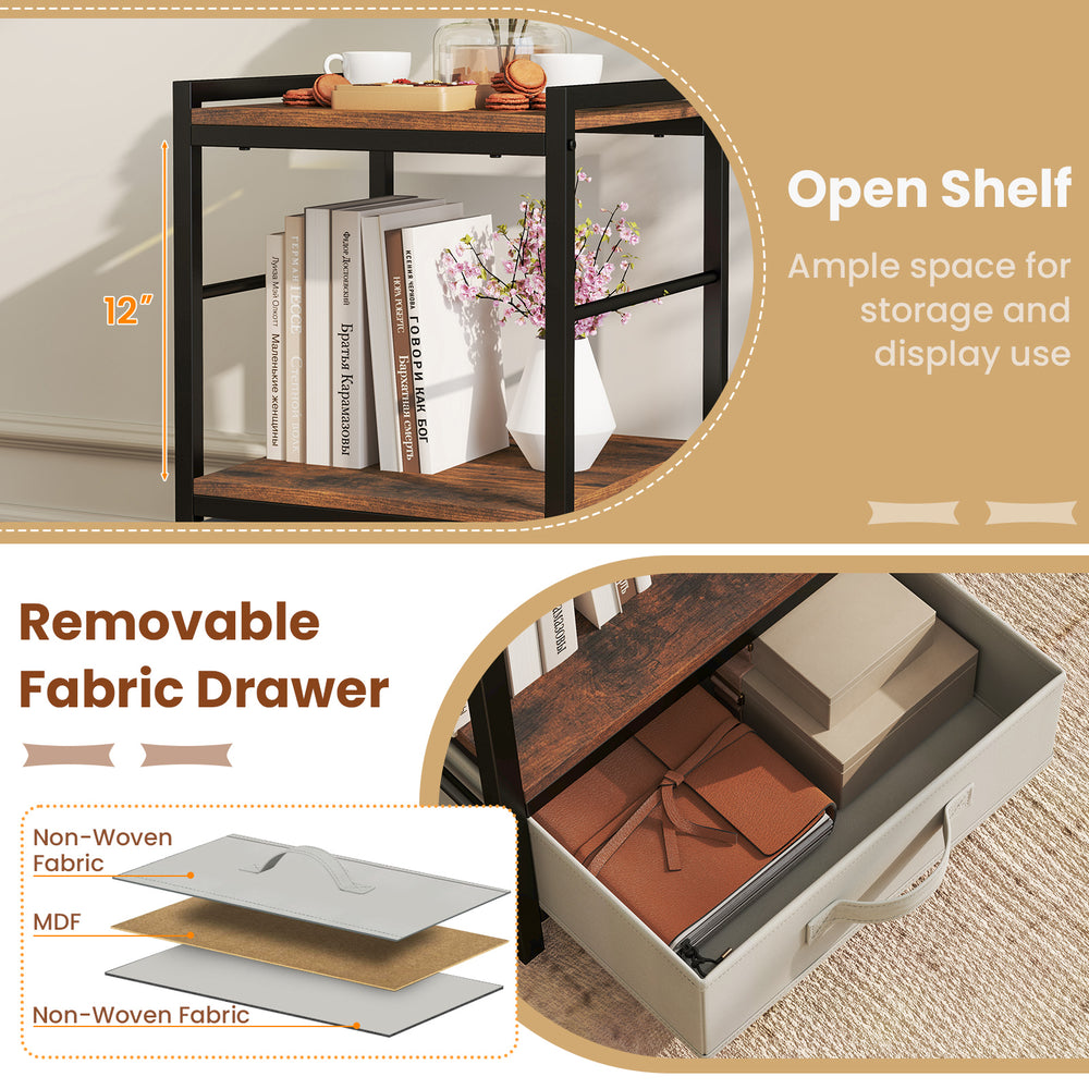 Nightstand with open storage shelf and removable fabric drawer in rustic brown, perfect for bedroom or living room use.