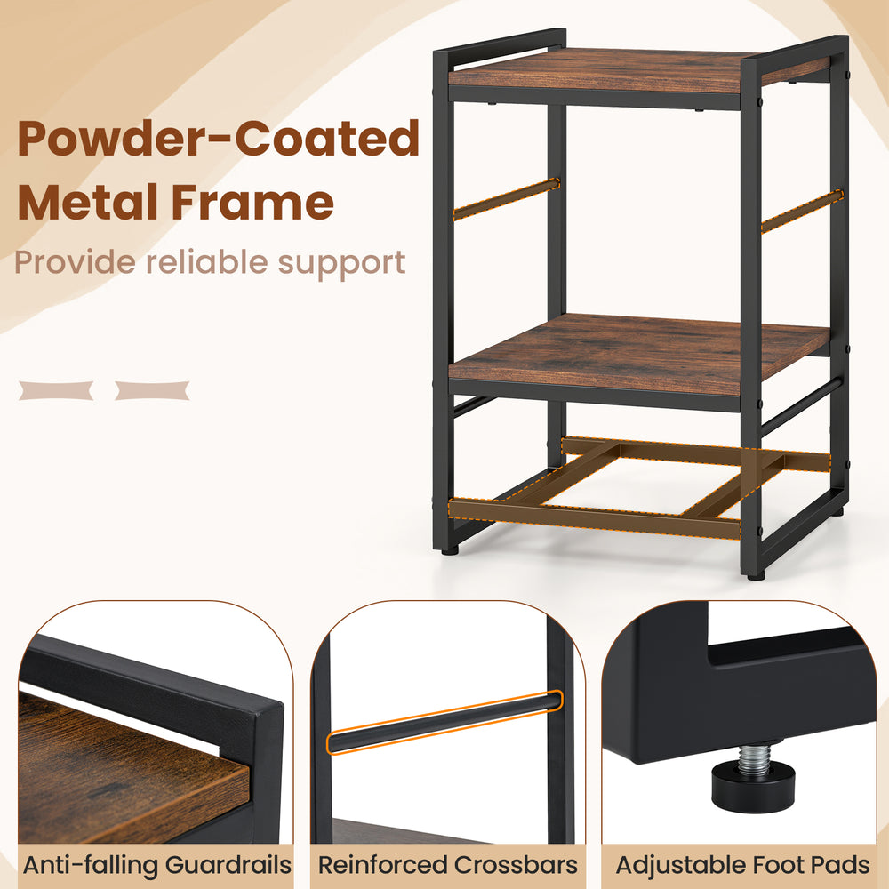 Rustic brown nightstand with open storage shelf, fabric drawer, and sturdy powder-coated metal frame for versatile use.
