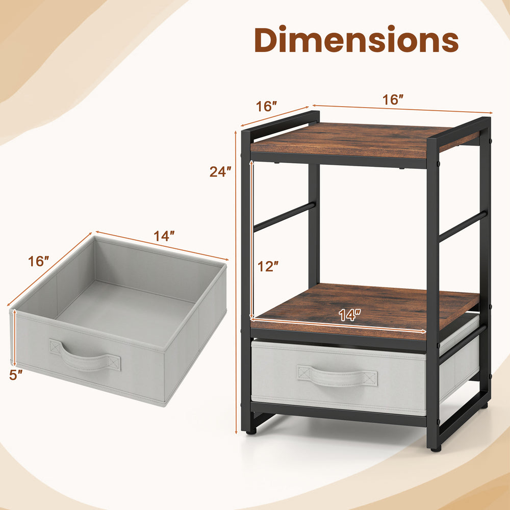 Nightstand with open storage shelf and removable fabric drawer in rustic brown, ideal for bedroom or living room use.