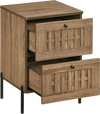 Mid-century modern nightstand in rustic brown with woven accents and two storage drawers for versatile organization.