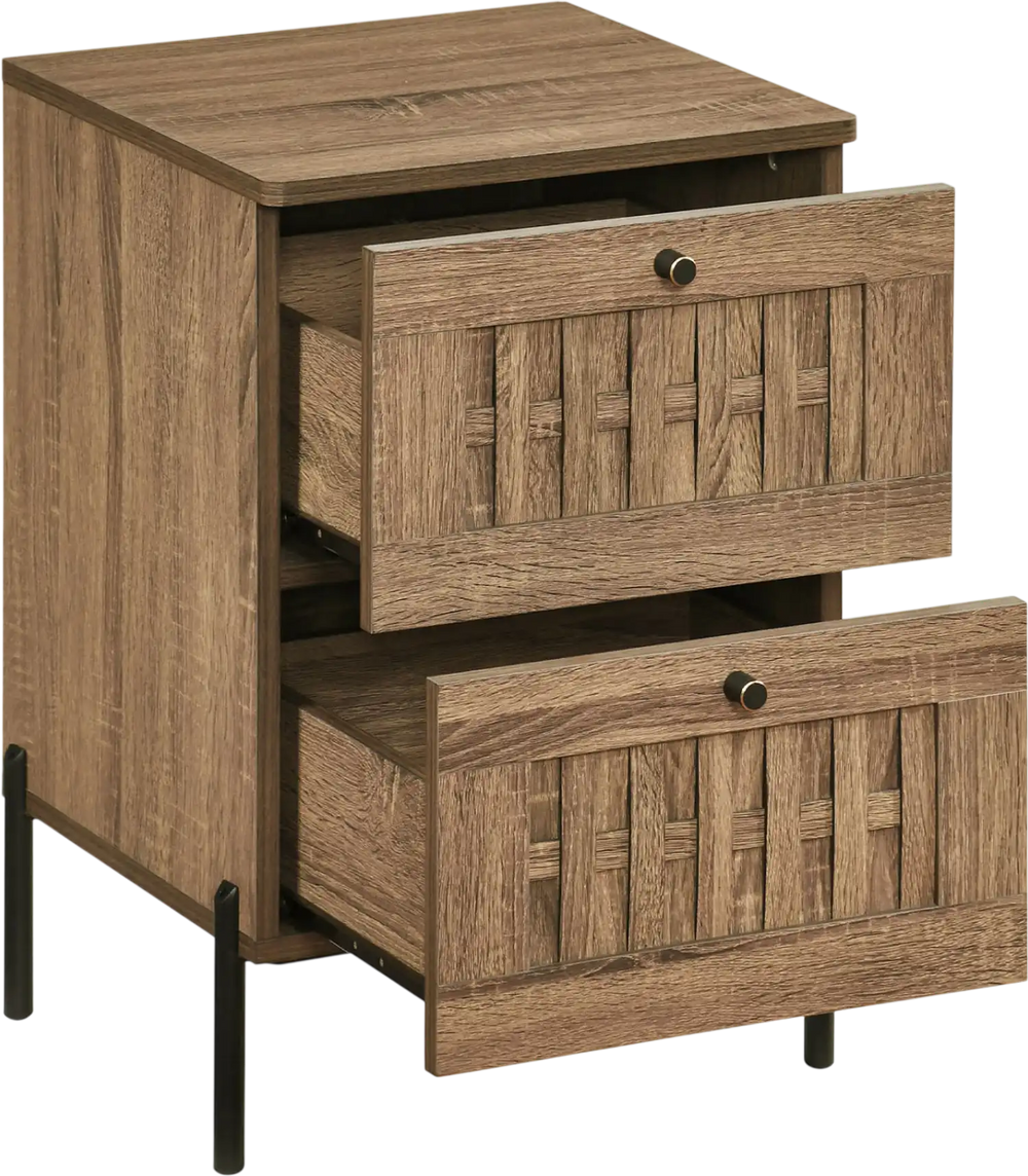 Mid-century modern nightstand in rustic brown with woven accents and two storage drawers for versatile organization.