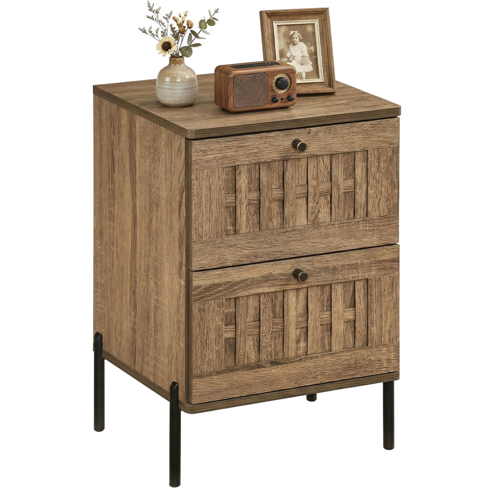 Mid-century modern nightstand in rustic brown with woven accents, featuring two storage drawers and a spacious tabletop.