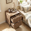 Mid-century modern nightstand in rustic brown with two storage drawers and a spacious tabletop for decor and lamps.
