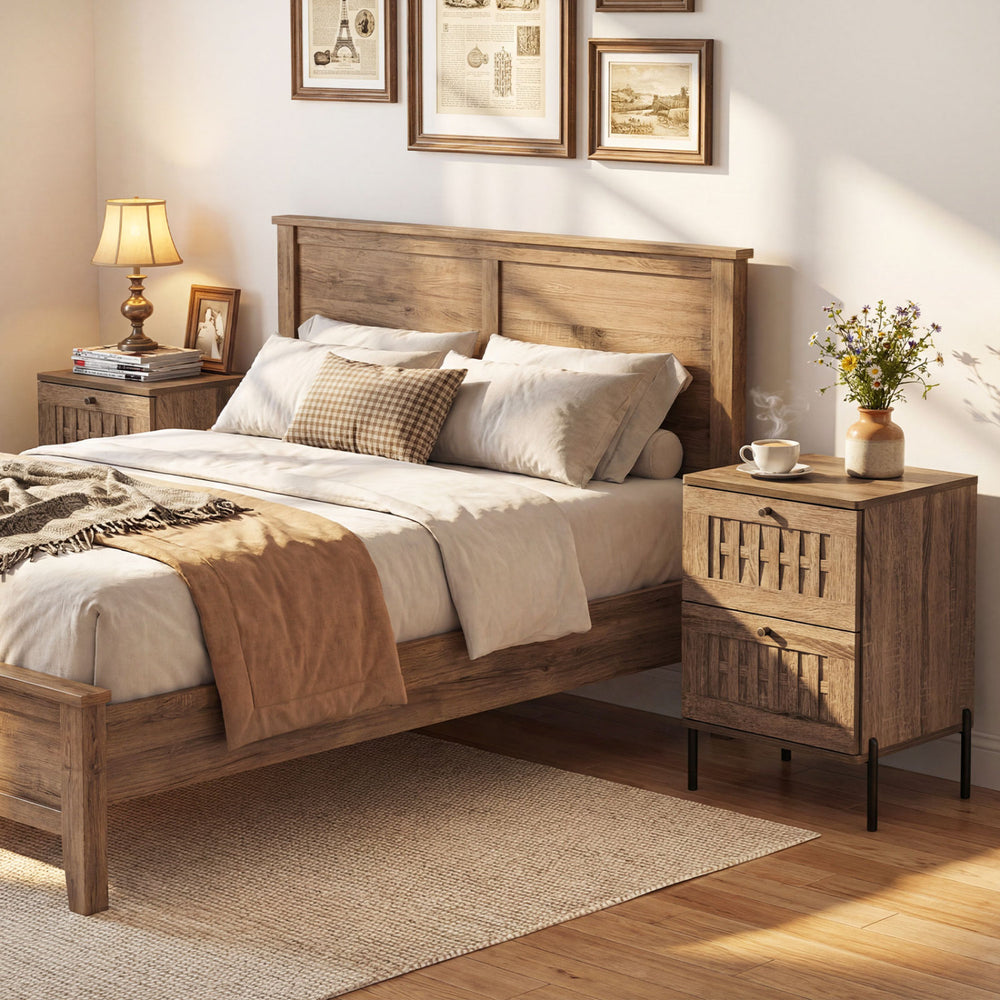 Mid Century Modern nightstand in rustic brown with woven accents, two storage drawers, and metal legs for easy cleaning.