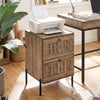 Mid-century modern nightstand in rustic brown, featuring a spacious tabletop and stylish woven accents for decor.