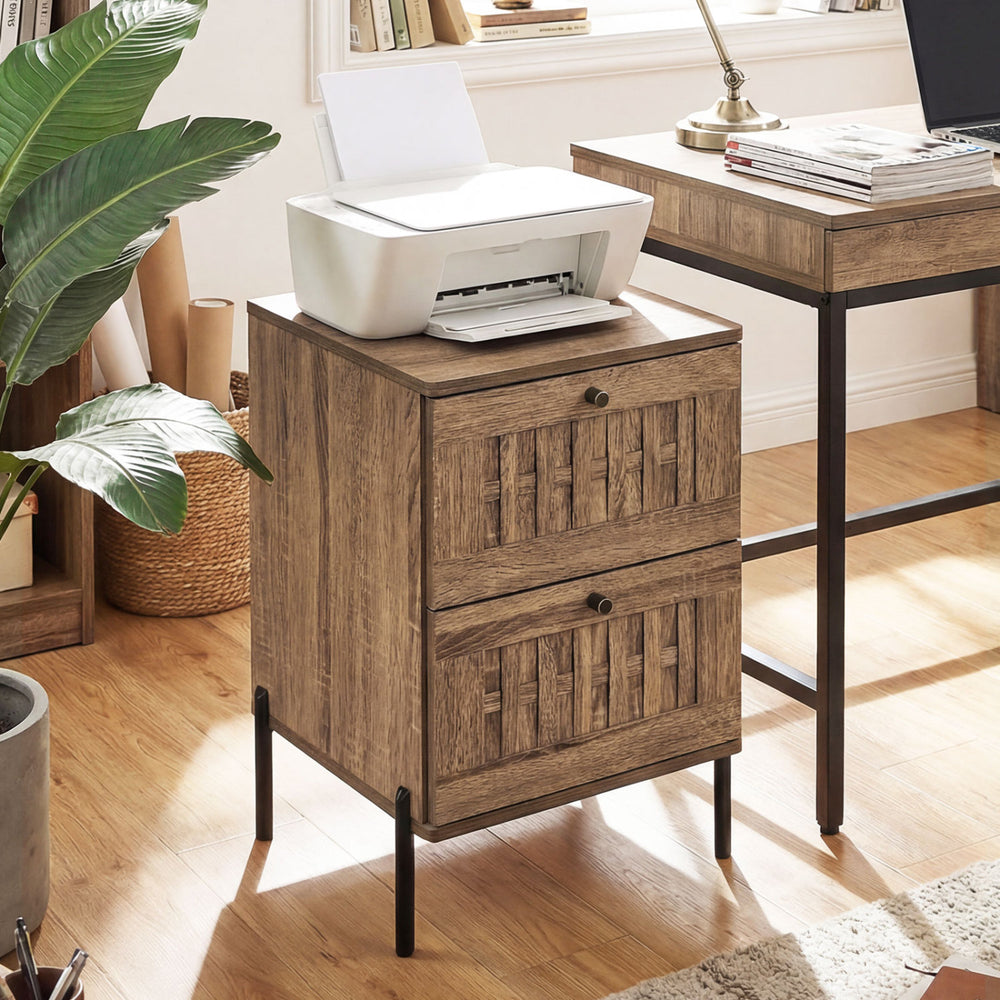 Mid-century modern nightstand in rustic brown, featuring a spacious tabletop and stylish woven accents for decor.