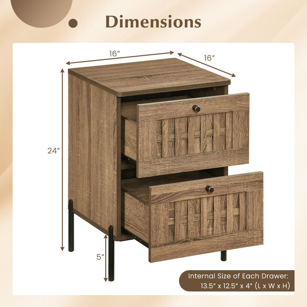 Mid-century modern nightstand in rustic brown with two woven accent drawers and heavy-duty metal legs for stylish.