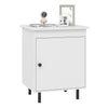 Mid-century nightstand with a white finish, enclosed storage cabinet, and open tabletop for versatile use in living.