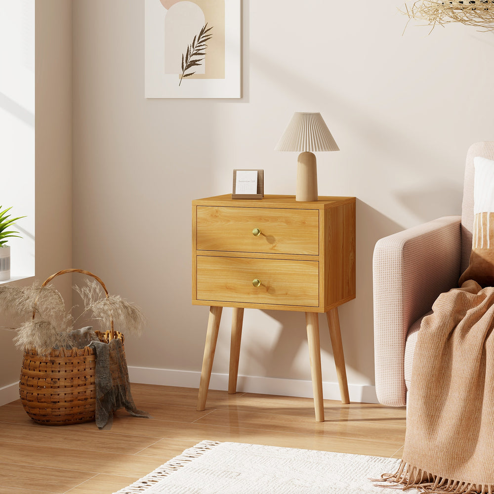 Modern Nightstand Bedside Table Mid Century with 2 Drawers-Natural - Gallery View 1 of 9