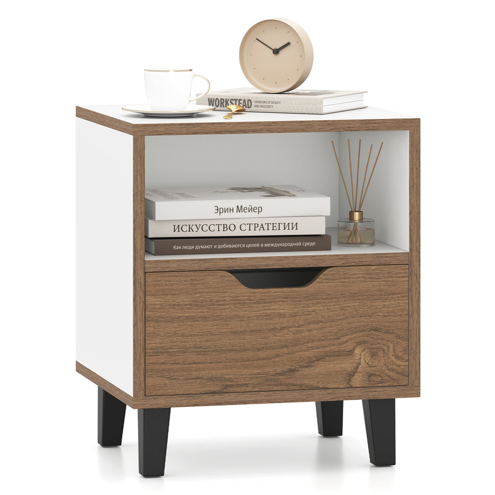 Nightstand with drawer and open shelf in white and wood finish, perfect for bedroom storage and modern decor.