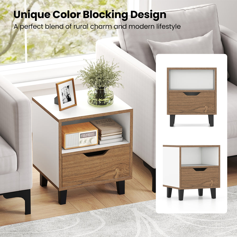 Nightstand with drawer and open storage shelf in white and wood, perfect for bedroom or living room use.