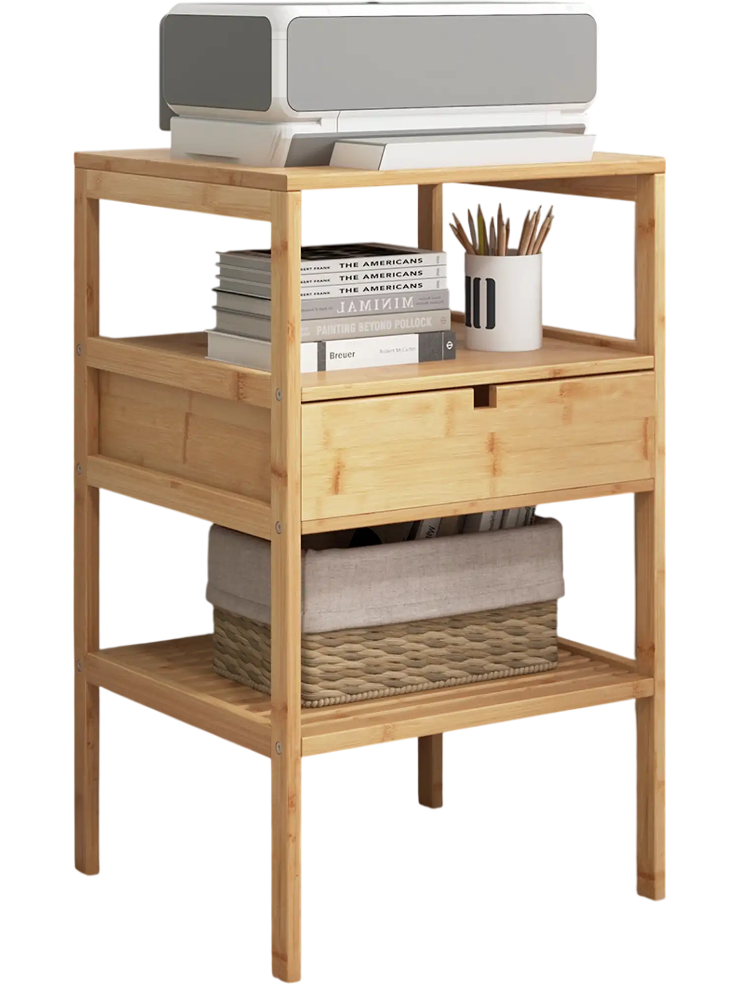 Costway Bamboo Nightstand End Table Set of 2 w/ Drawer & 2 Open Shelves 36159782 New