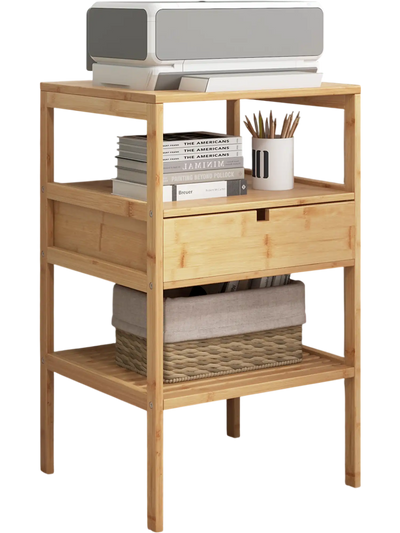 Costway Bamboo Nightstand End Table Set of 2 w/ Drawer & 2 Open Shelves 36159782 New