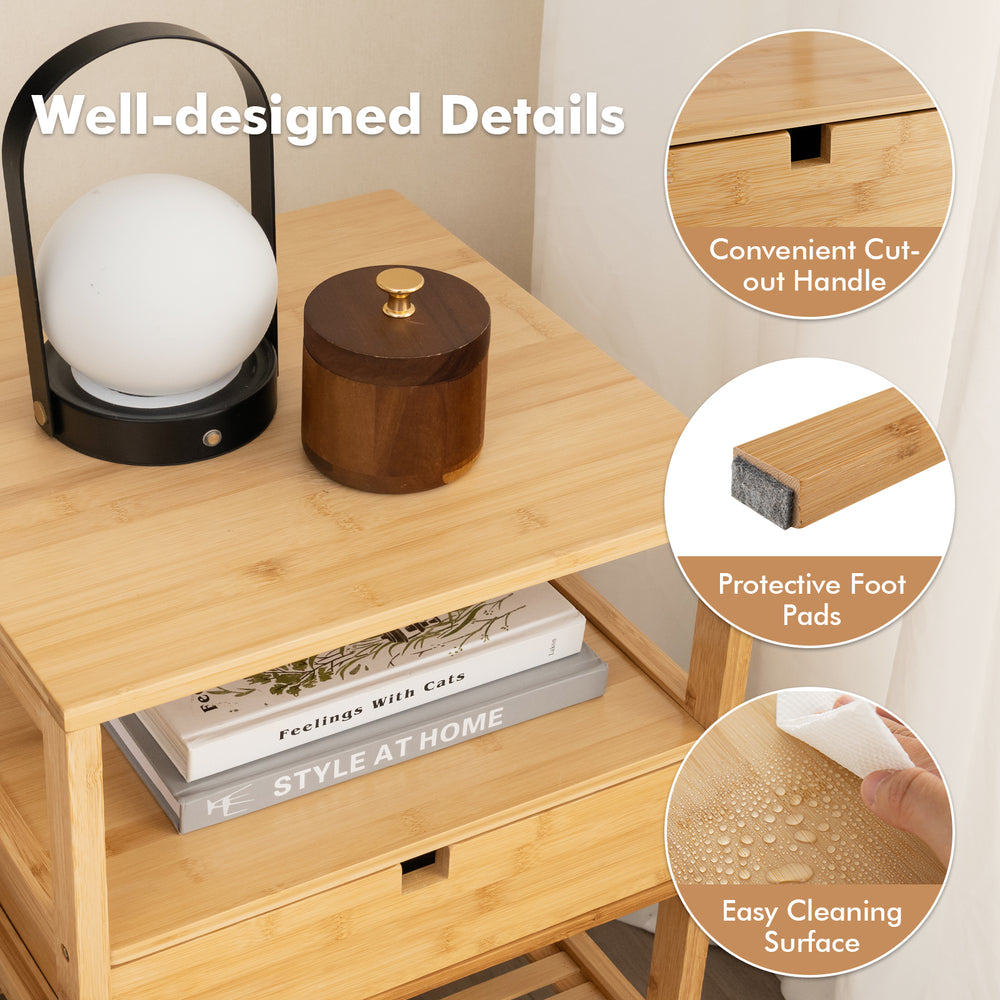Bamboo nightstand set of 2 featuring open shelves, a drawer with cut-out handle, and easy cleaning surface for.