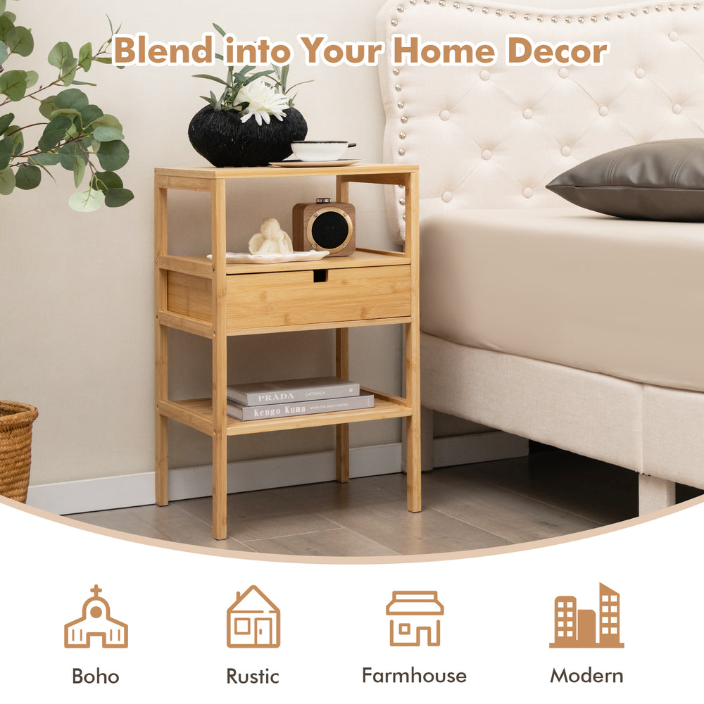 Bamboo nightstand set of 2 featuring open shelves and a drawer, ideal for bedroom or living room storage.