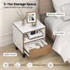 Nightstand with deep drawer and open shelf, featuring a white and wood design, ideal for bedroom storage.