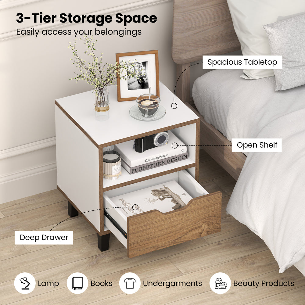 Nightstand with deep drawer and open shelf, featuring a white and wood design, ideal for bedroom storage.