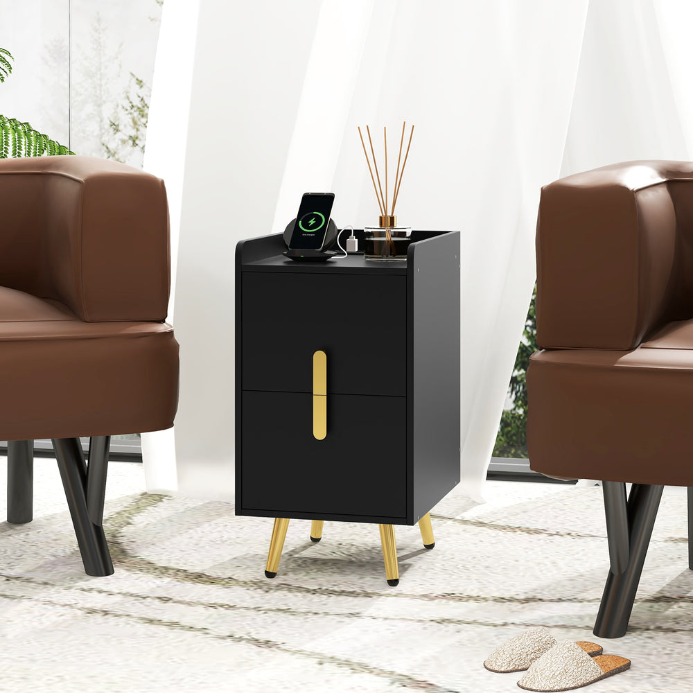 Nightstand Side Tables with 2 Drawers and 2 USB Ports-Black - Gallery View 1 of 10