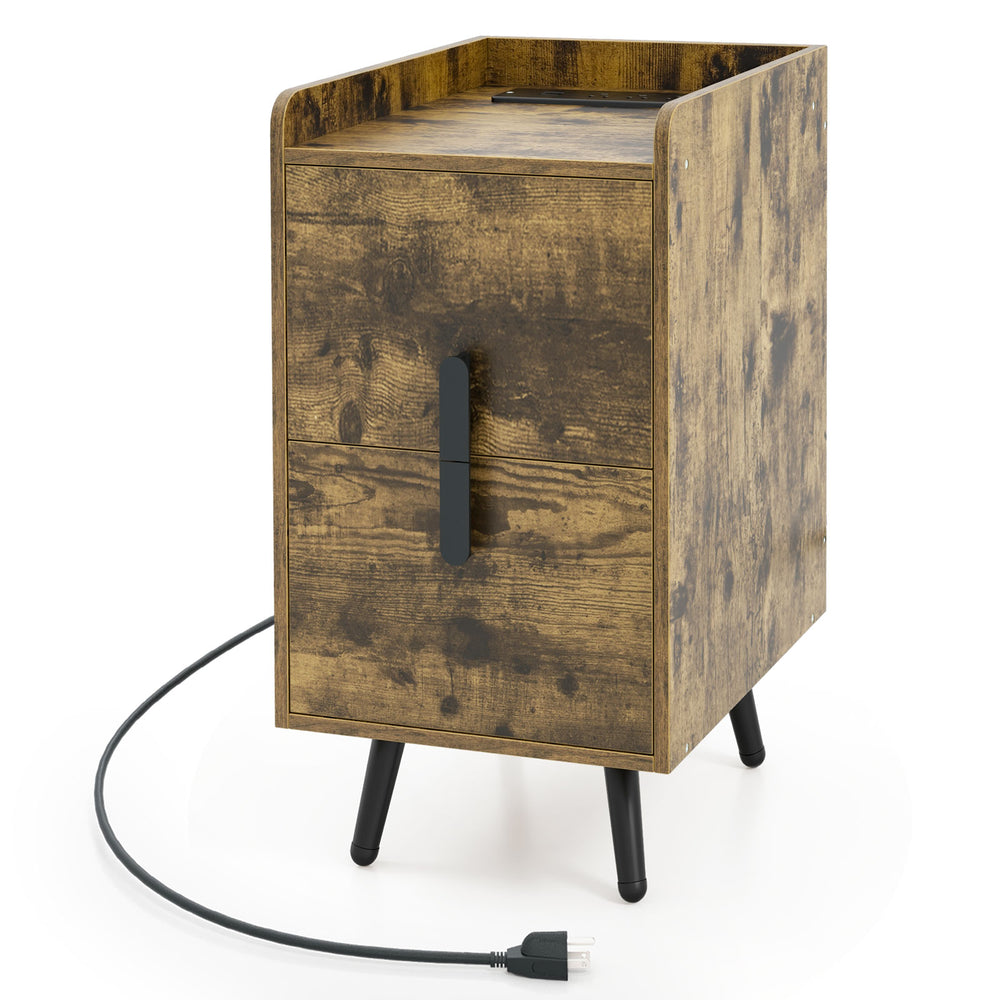 Rustic brown nightstand with 2 drawers and built-in USB ports, ideal for bedside or side table use.