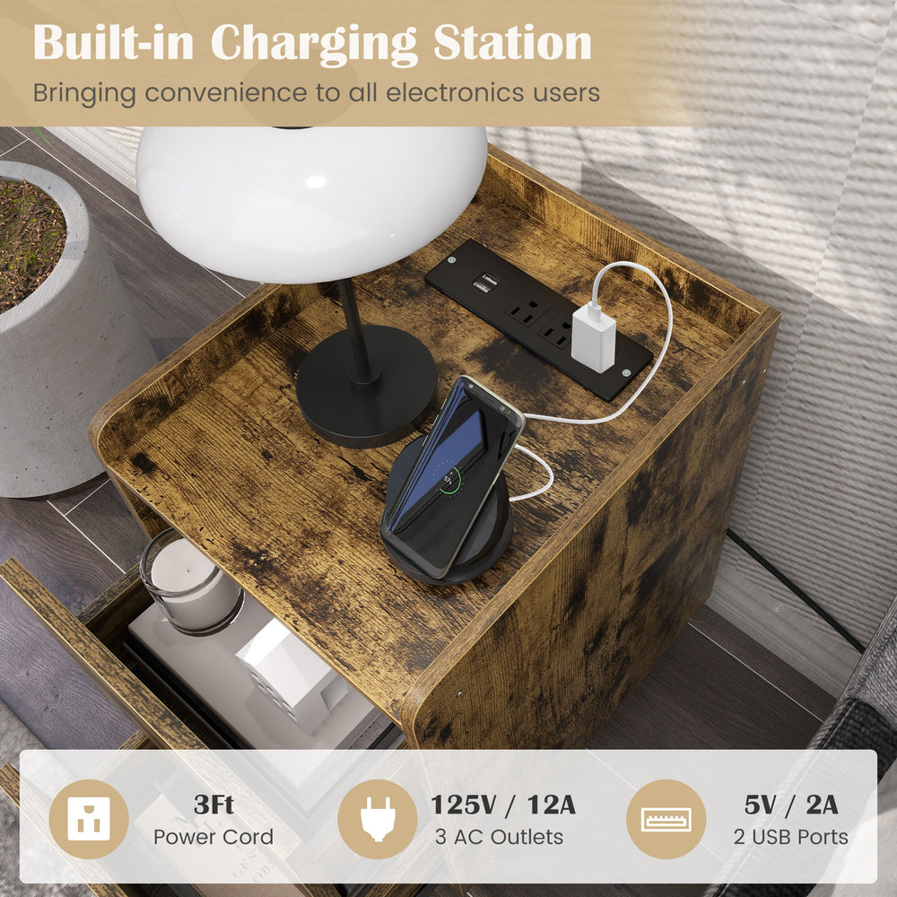 Rustic brown nightstand with 2 drawers, built-in charging station, 3 AC outlets, and 2 USB ports for convenient use.