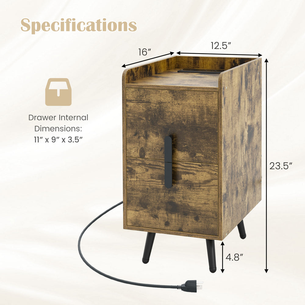 Rustic brown nightstand with 2 drawers, 2 USB ports, and a spacious tabletop for versatile bedside or side table use.